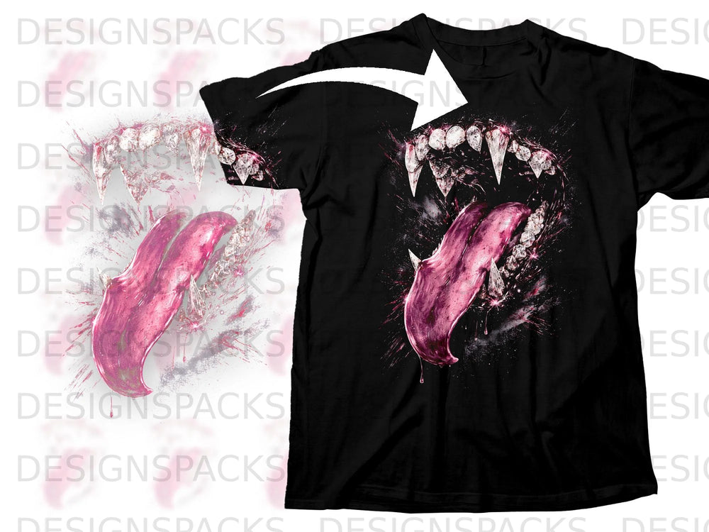 Black t-shirt with a graphic of a monstrous open mouth with fangs and a pink tongue.