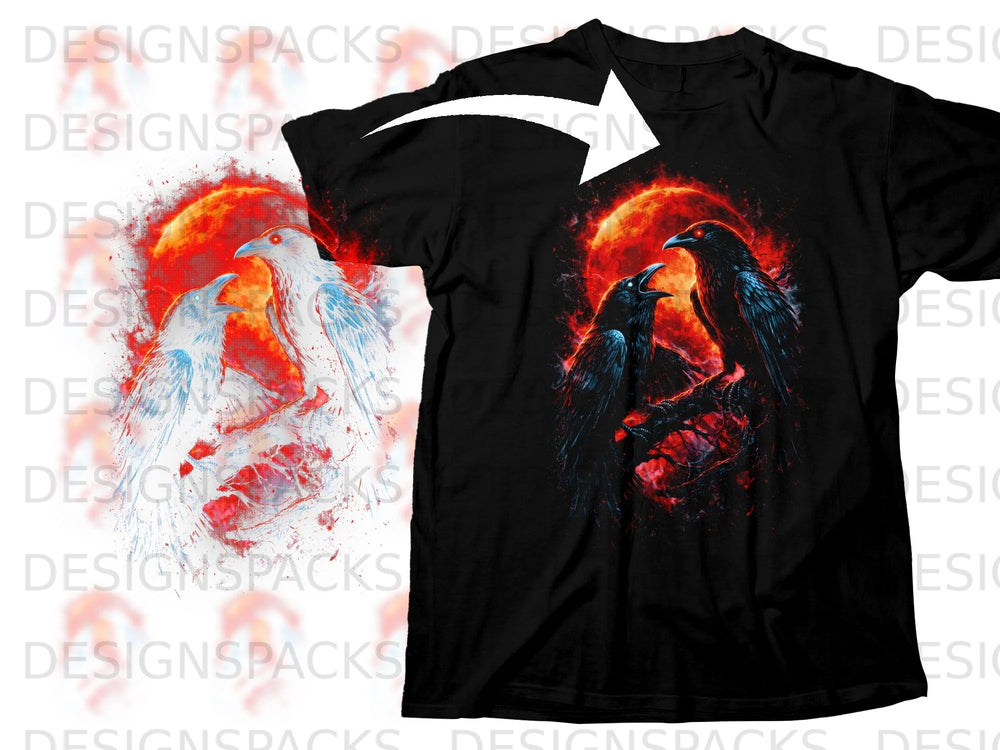 Black t-shirt with print of two dark ravens and a fiery red sun.