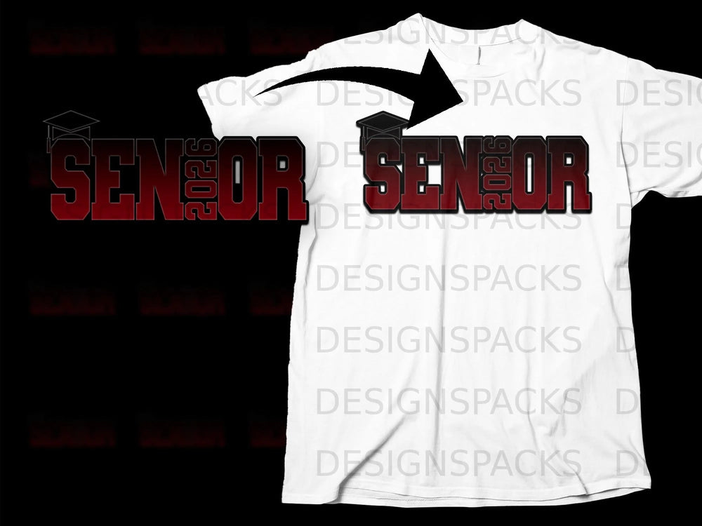 White t-shirt with "SENIOR 2026" graphic and graduation cap.