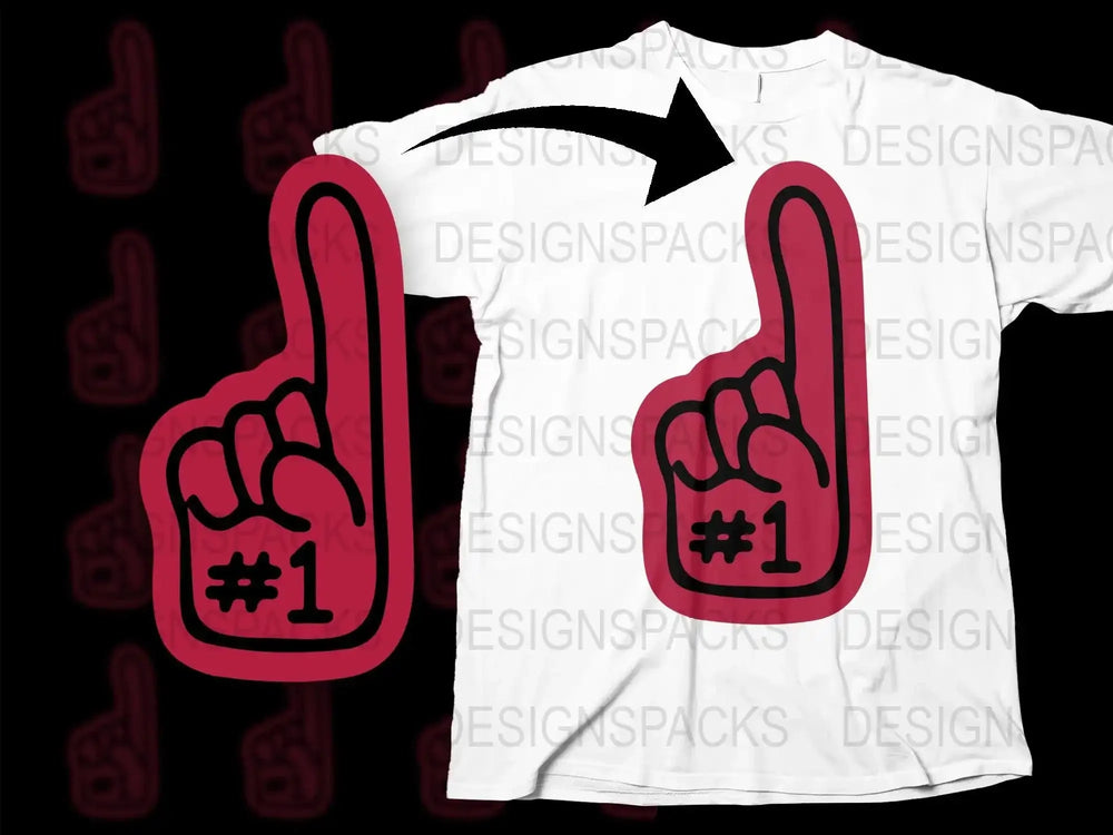 White T-Shirt with Red Foam Finger Graphic, '#1 Fan' Sports Event Apparel