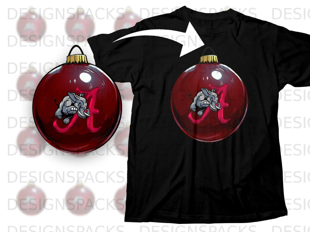 Crimson ornament with cartoon elephant and crimson "A" on black t-shirt.