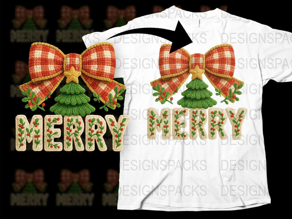 Merry Christmas T-Shirt, Holiday Festive Tee, Buffalo Plaid Bow, Pine Tree Design, Unisex Adult Clothing