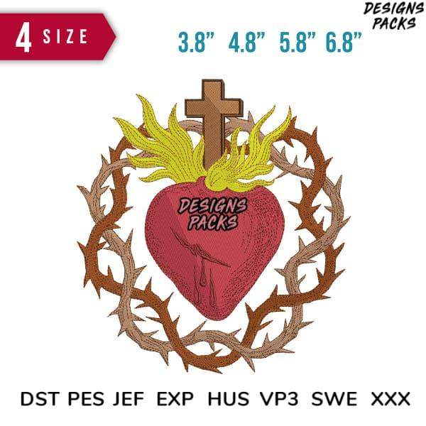 Sacred Heart with crown of thorns and cross, embroidery design in multiple sizes