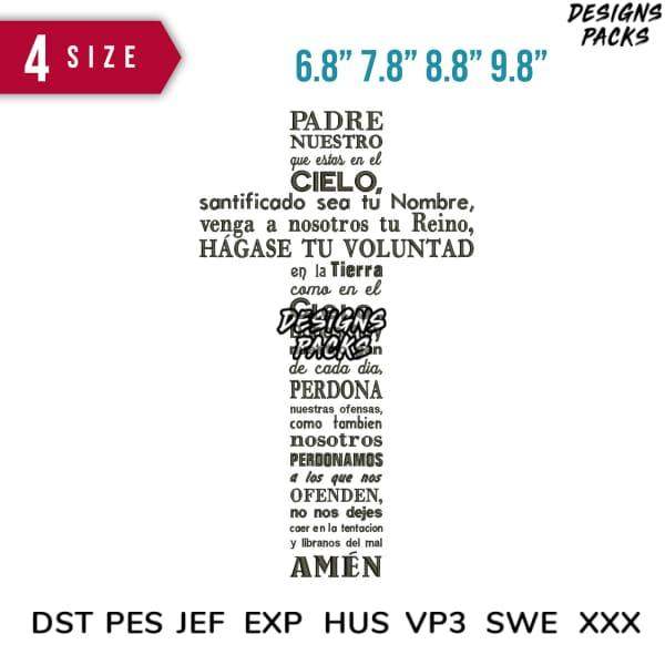 Spanish Lord's Prayer embroidery design in 4 sizes, compatible with DST PES JEF formats for instant download