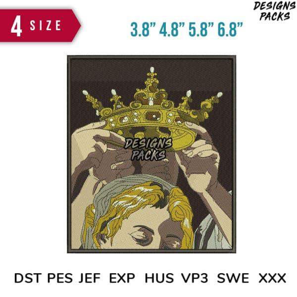 Embroidery design of hands placing a golden crown on a head, available in multiple sizes and formats.