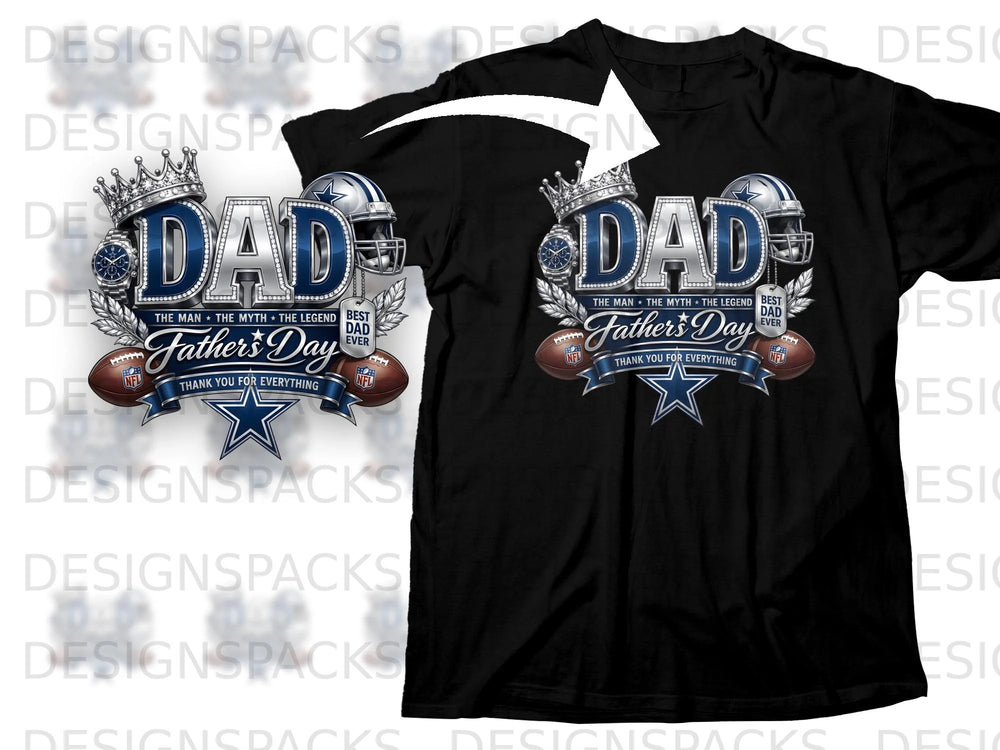 Black t-shirt with DAD Father's Day graphic featuring crowns, helmets, and footballs.