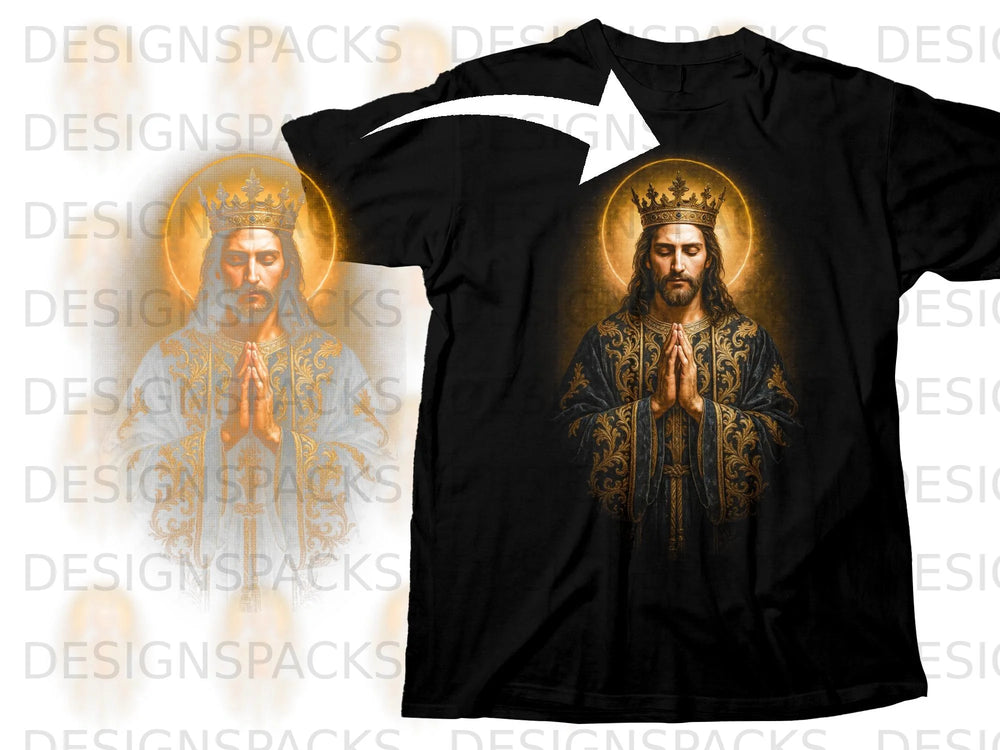 Black t-shirt featuring praying Jesus with crown and golden ornate robe.