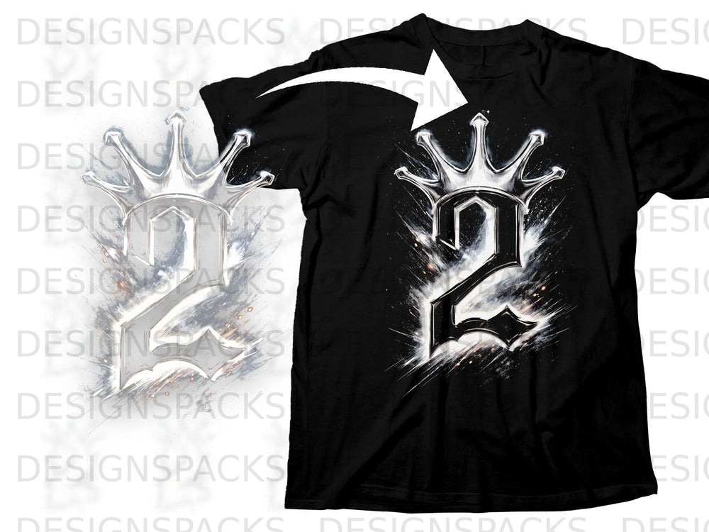 Black t-shirt with a silver metallic number 2 design with a crown.