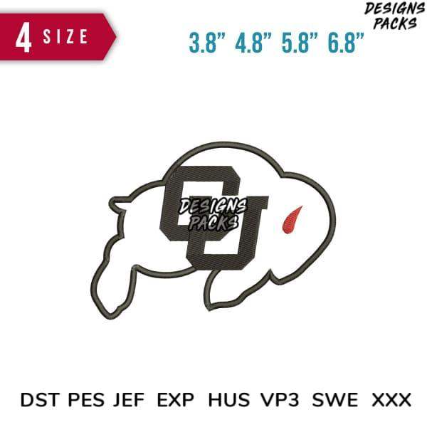 Embroidery design of a buffalo with 'DESIGNS PACKS' text, available in multiple sizes and formats