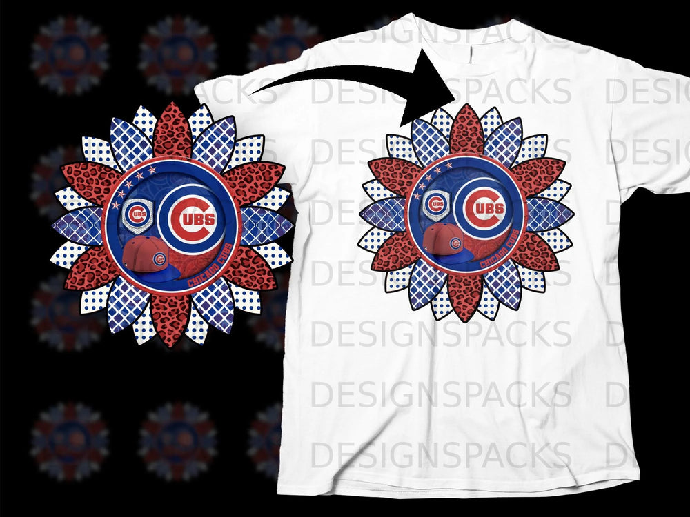 Chicago Cubs logo sunflower with a baseball cap on a white t-shirt.
