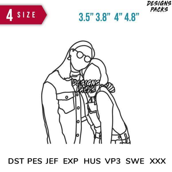 Embroidery design of couple hugging, available in DST PES JEF formats, 4 size options