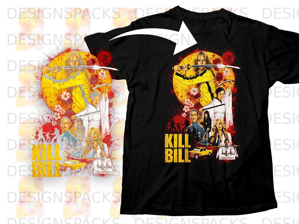 Kill Bill movie art featuring Uma Thurman with a sword on black t-shirt.