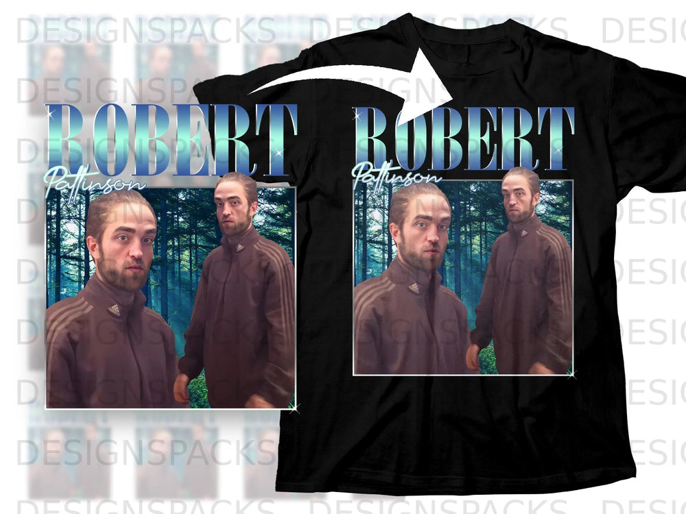Black t-shirt with "Robert Pattinson" text and two portraits of Robert Pattinson.