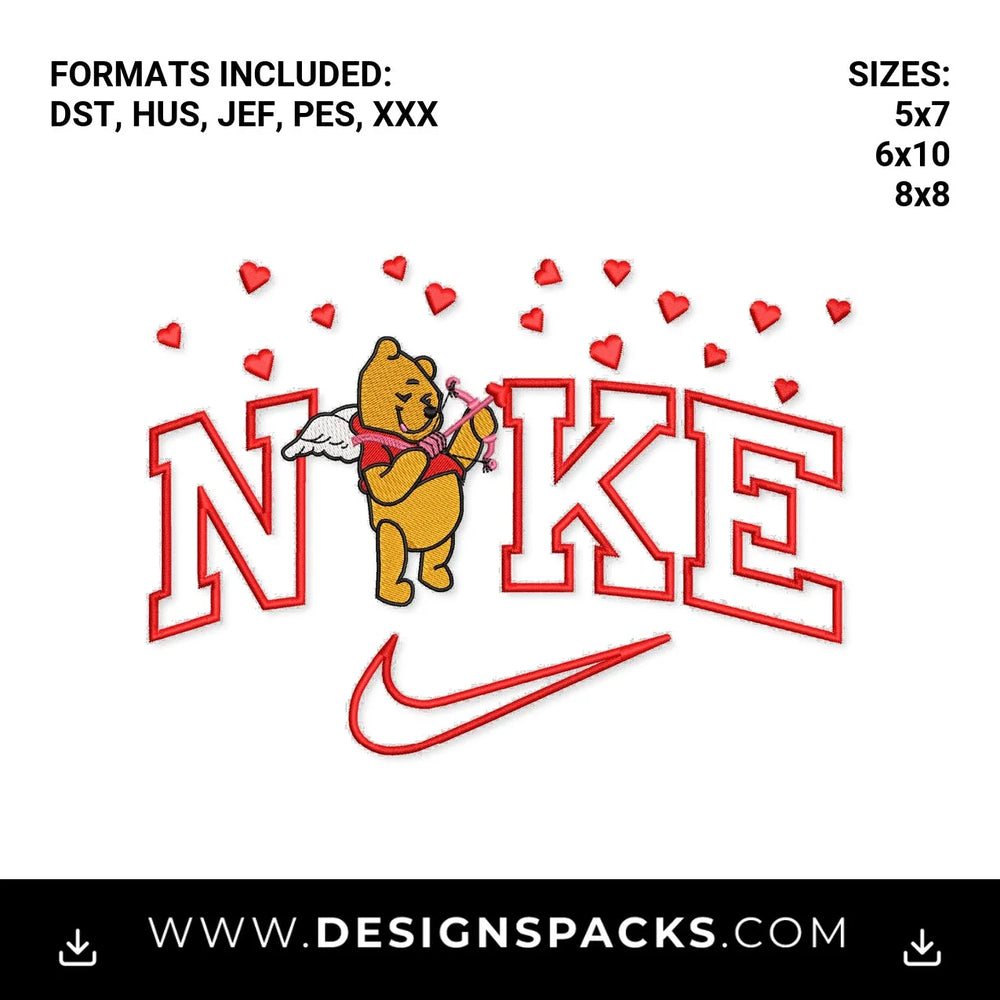 Cupid Pooh Bear Valentine Nike Embroidery Design - Instant digital download pattern at Designspacks.com