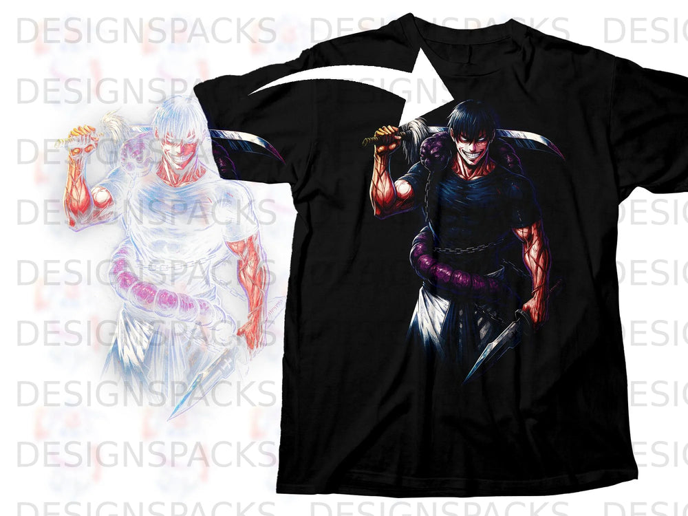 Black t-shirt featuring anime character with sword and purple tendrils.