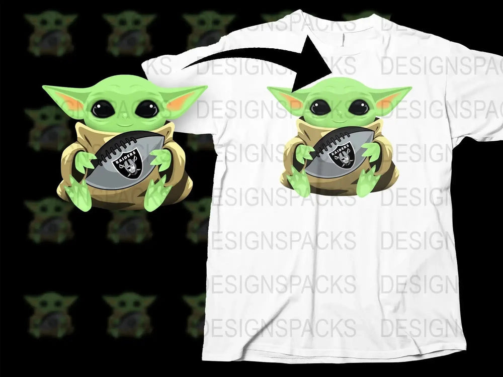 Baby Yoda holding Raiders football, print-ready design for t-shirts, DTF/DTG, SVG, PNG