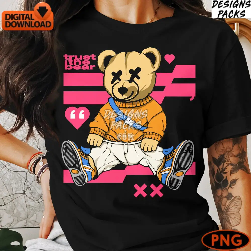 Cute Bear Digital Art Trendy Dressed With Bag Colorful Cartoon Png Instant Download