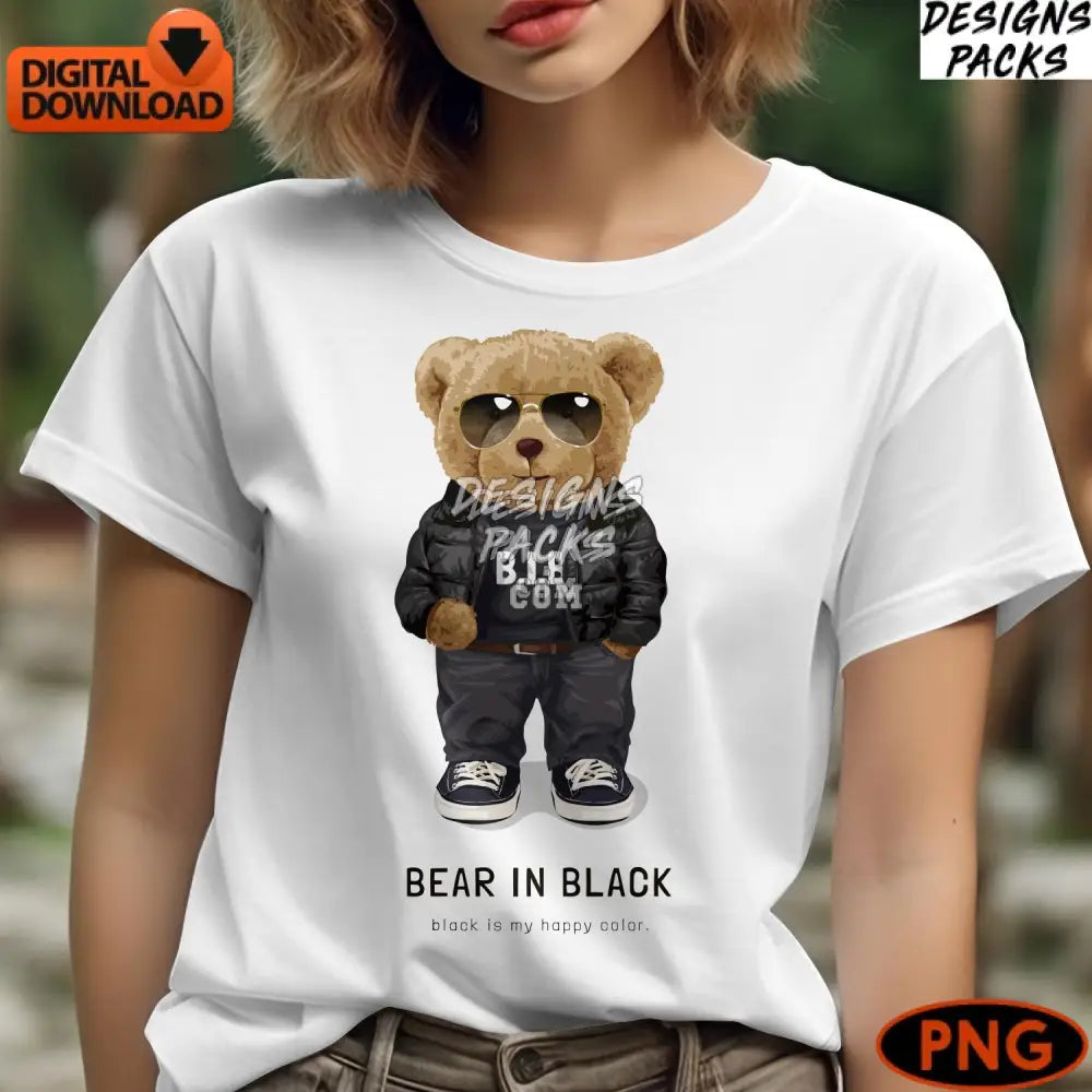 Cute Bear In Black Jacket Digital Art Stylish Teddy Png Instant Download