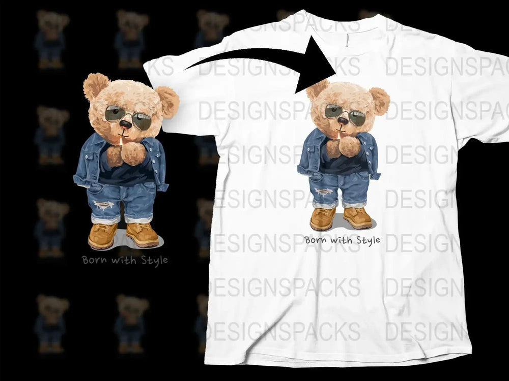 Cute Bear in Sunglasses Born with Style Png Digital Download