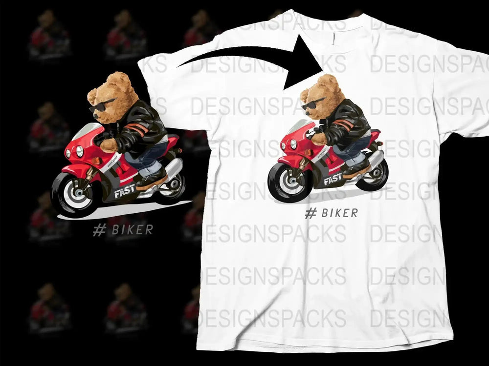 Cute Bear Riding Fast Motorcycle Biker Png Digital Download