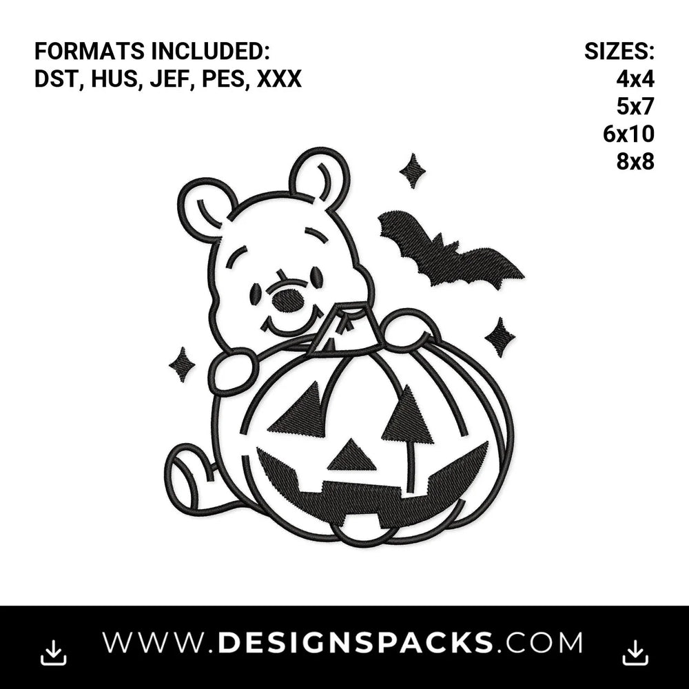 Cute Bear with Halloween Pumpkin Embroidery Design - Instant digital download pattern at Designspacks.com