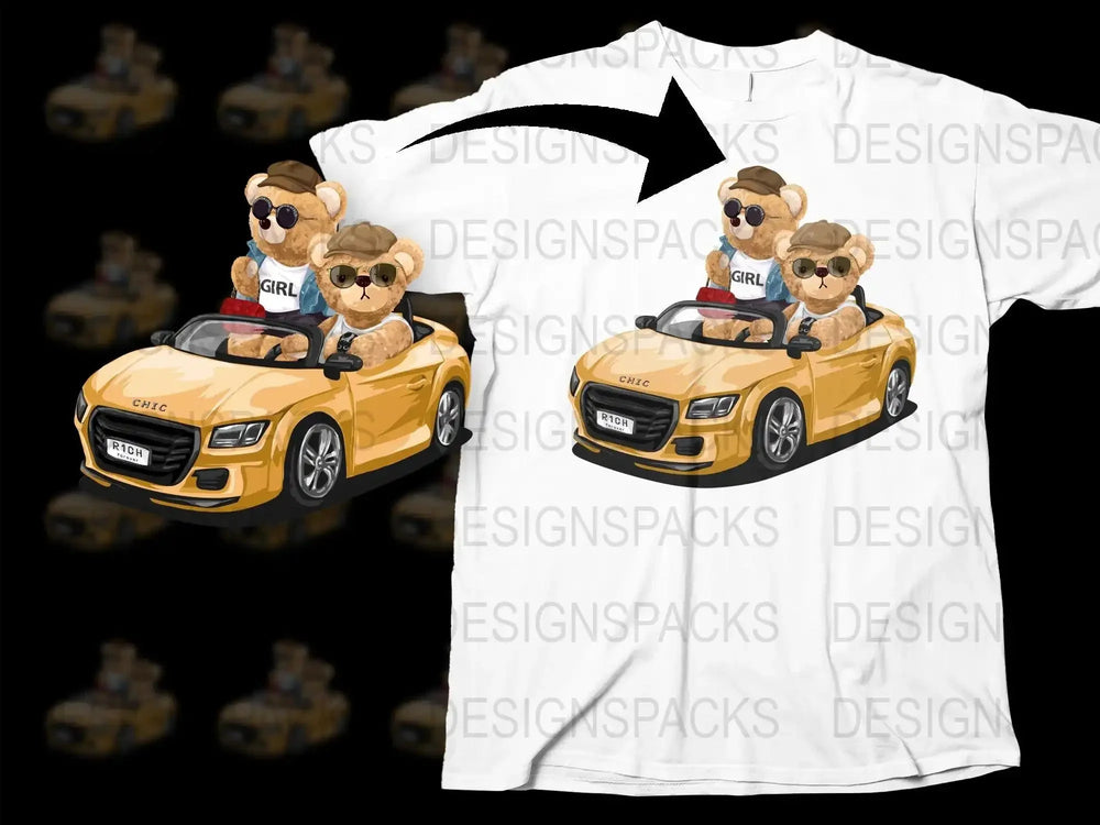 Cute Bears in Convertible Riding Together Png Digital Download