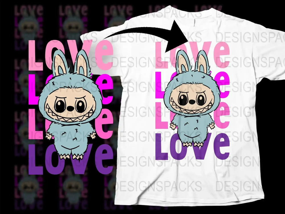 Cute blue bunny character with 'Love' text on white t-shirt, print-ready design