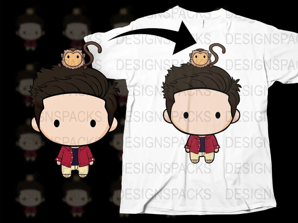 Cute Chibi Character with Pet Monkey Graphic Png Digital Download