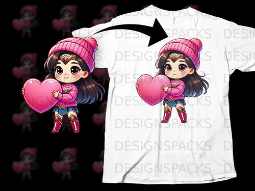 Cute Girl Holding Pink Heart Illustration T-Shirt