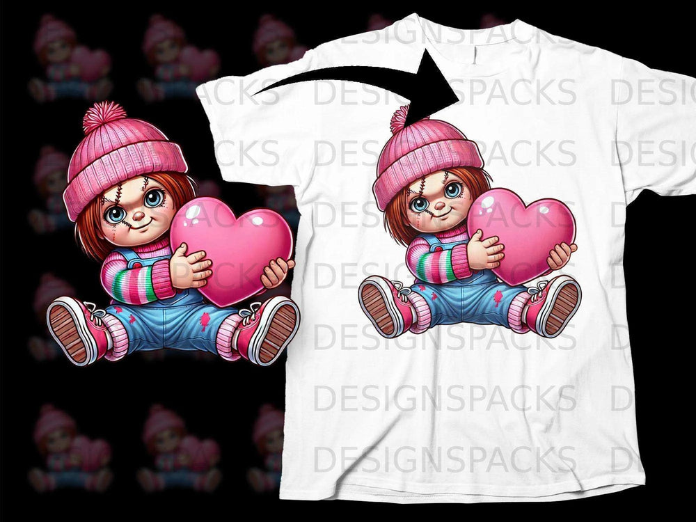 Adorable Doll Holding Pink Heart T-Shirt