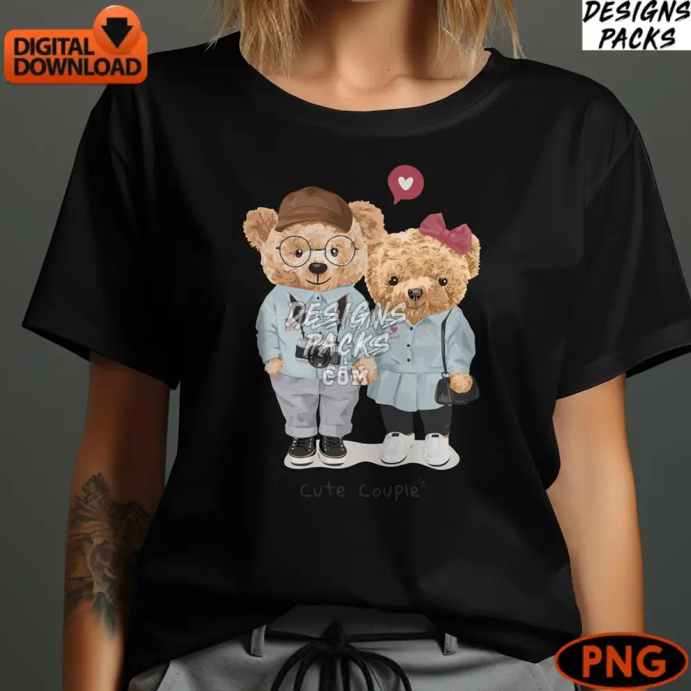 Cute Couple Teddy Bears Clipart Digital Png File Instant Download Romantic Gift Illustration