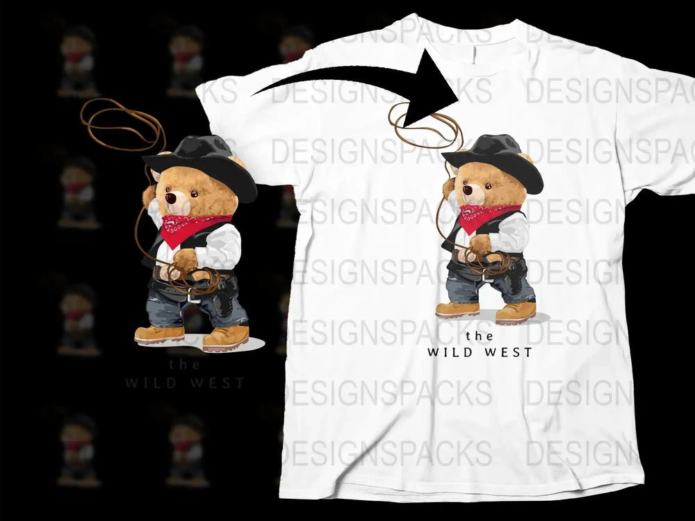 Cute Cowboy Bear with Western Theme Png Digital Download