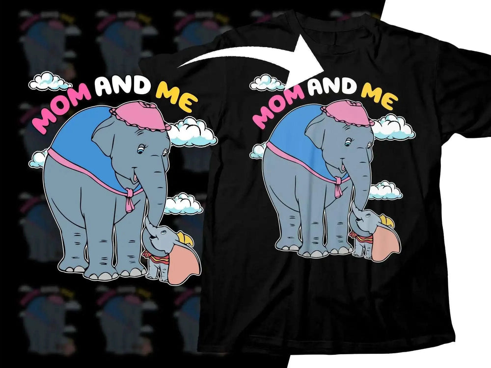 Mom and Me elephant design on black t-shirt, perfect for DTF/DTG printing