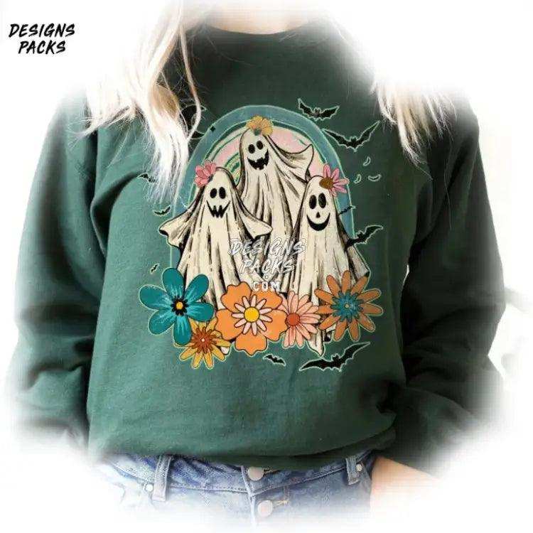 Cute Floral Ghost Retro Halloween Png Design