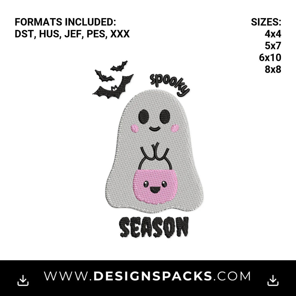 Cute Ghost Spooky Season Halloween Embroidery Design - Instant digital download pattern at Designspacks.com