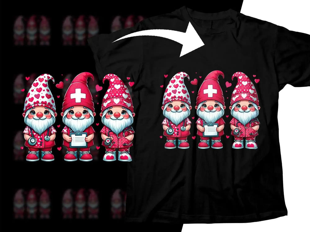 Cute nurse gnomes in red with hearts, printed on black t-shirt, perfect for Valentine's Day or medical themes.