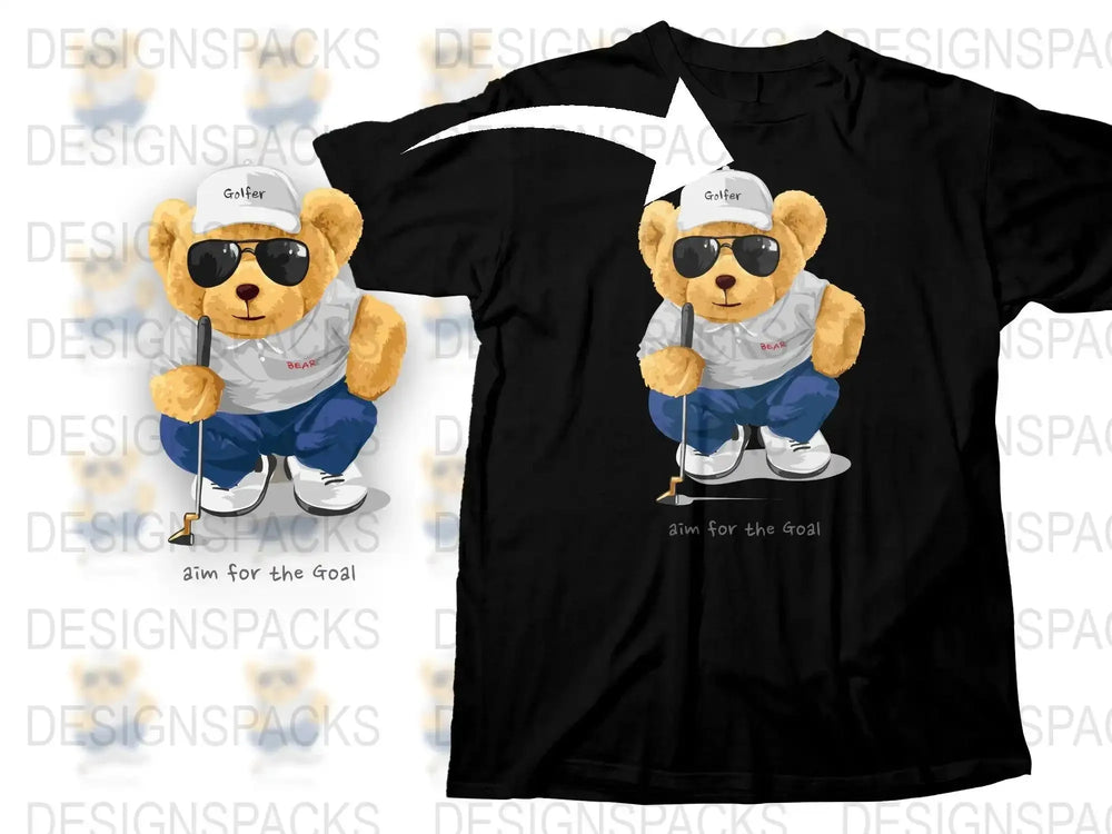 Cute Golfer Bear Aim For The Goal Graphic Png Digital Download