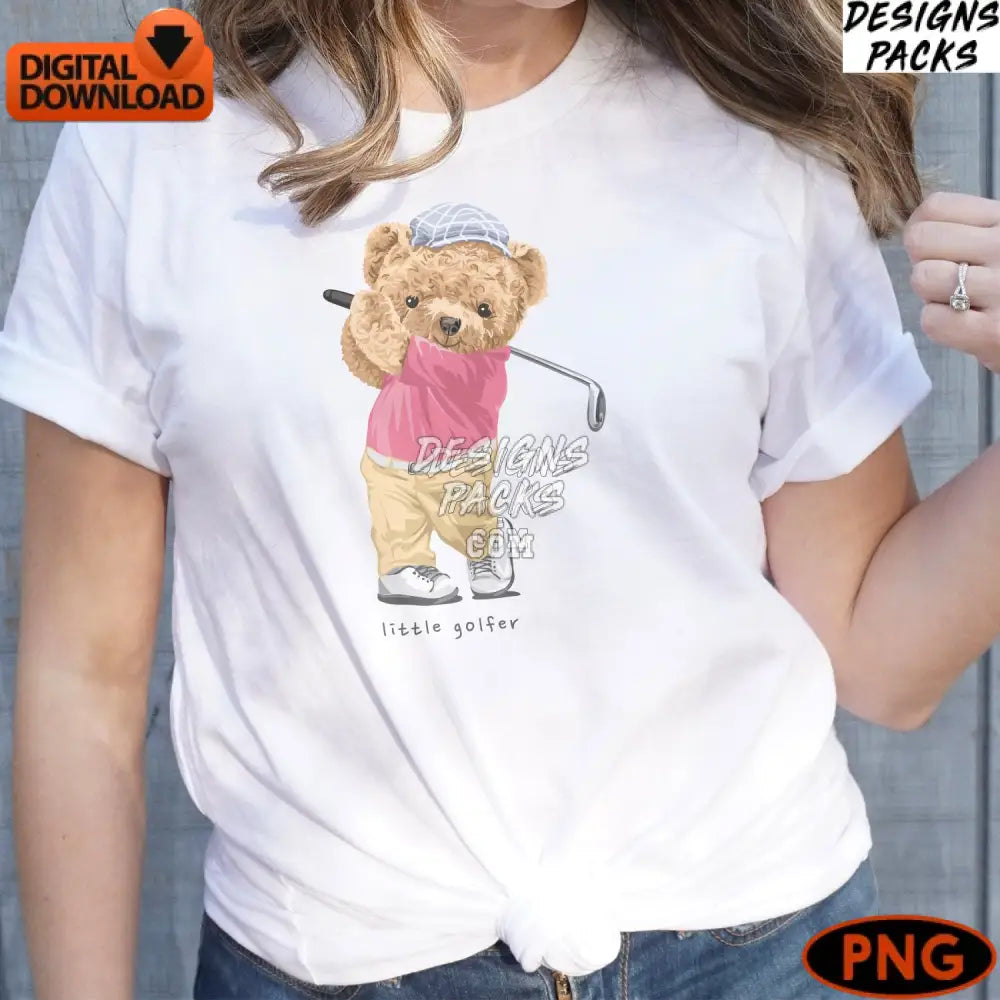 Cute Golfing Teddy Bear Digital Art Sporty With Golf Club Kids Instant Download Png