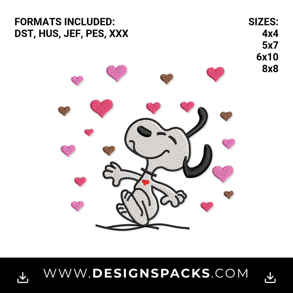 Cute Happy Dancing Dog with Hearts Embroidery Design - Instant digital download pattern at Designspacks.com