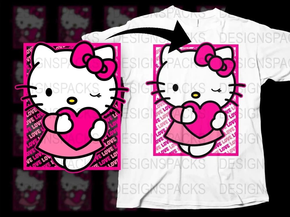 Cute Hello Kitty Valentine Love Heart Graphic Png Digital Download