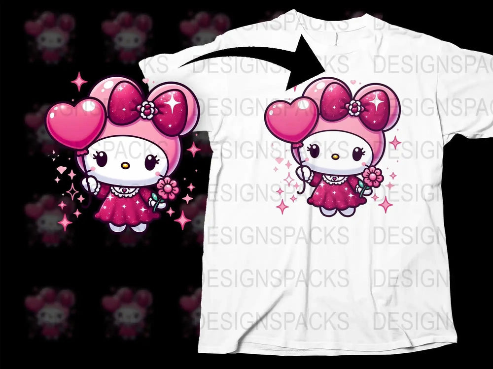 Cute Hello Kitty with Heart Balloon Png Digital Download
