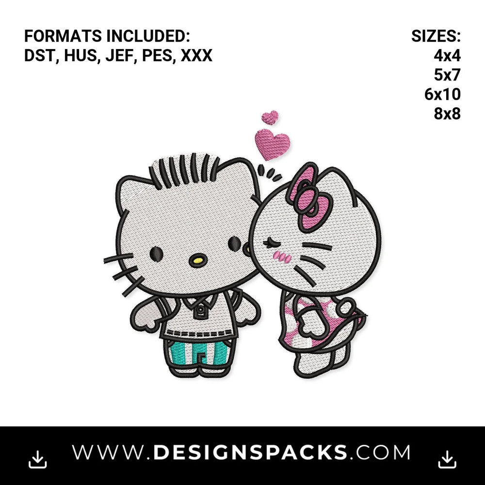 Cute Kissing Kitty Couple Pattern Embroidery Design - Instant digital download pattern at Designspacks.com