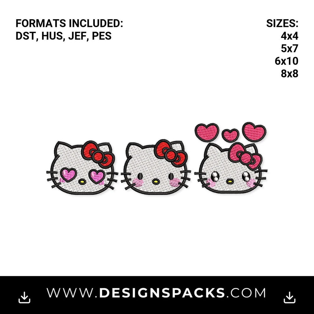 Cute Kitty Faces with Hearts Embroidery Design - Instant digital download pattern at Designspacks.com
