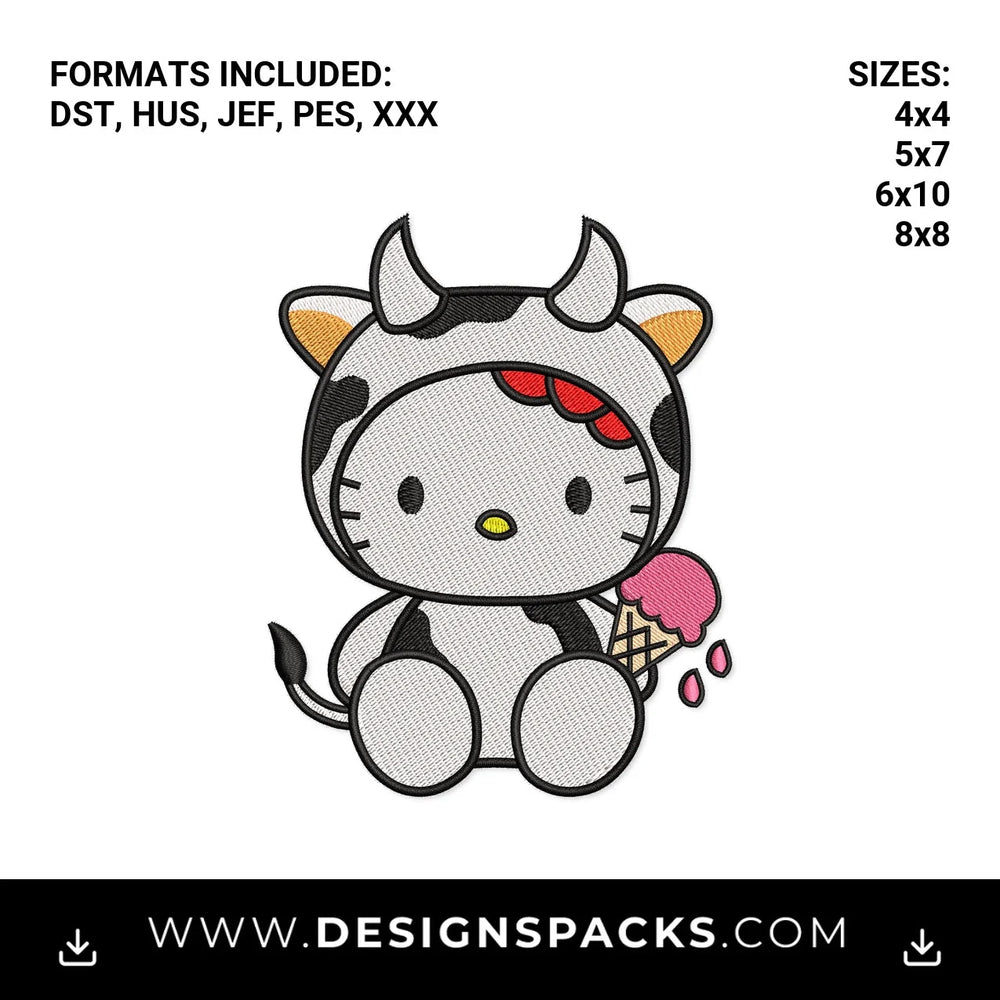 Cute Kitty in Cow Costume with Ice Cream Embroidery Design - Instant digital download pattern at Designspacks.com