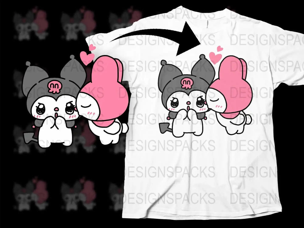 Cute kawaii characters with pink hearts on white t-shirt, print-ready design