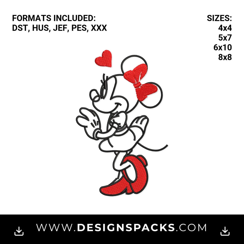 Cute Minnie Mouse with Red Bow and Heart Embroidery Design - Instant digital download pattern at Designspacks.com