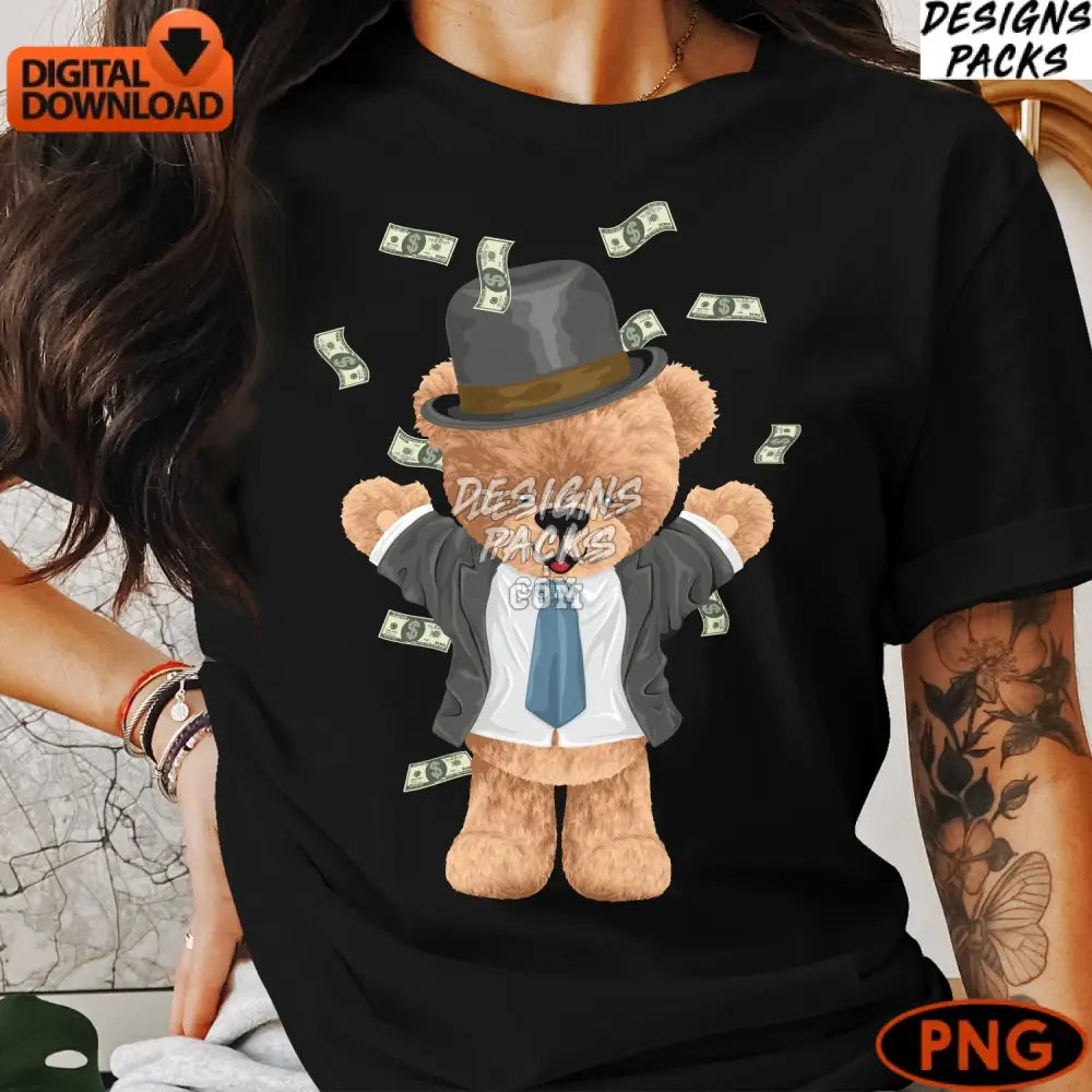Cute Money Bear Digital Art Rich Teddy In Suit Instant Download Png