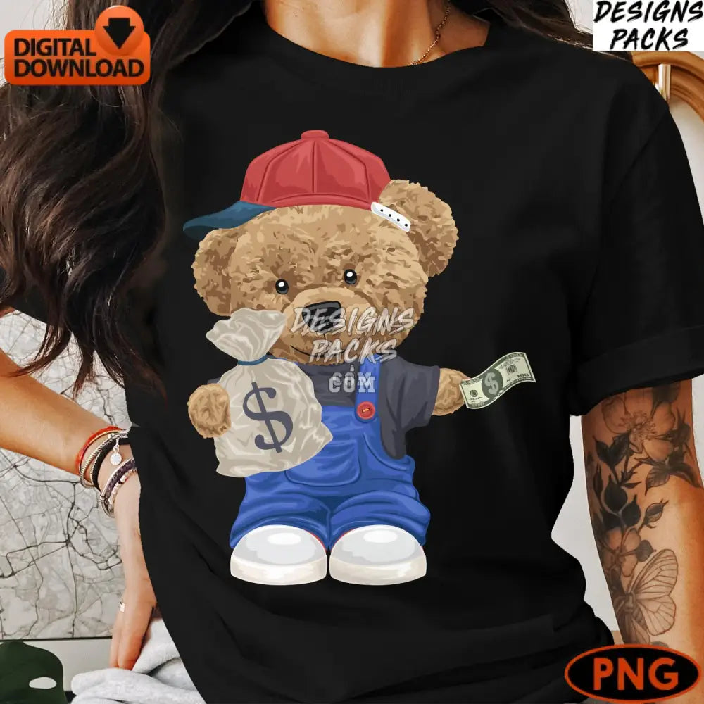 Cute Money Bear Digital Art Teddy With Cash And Hat Printable Png Kids Instant Download