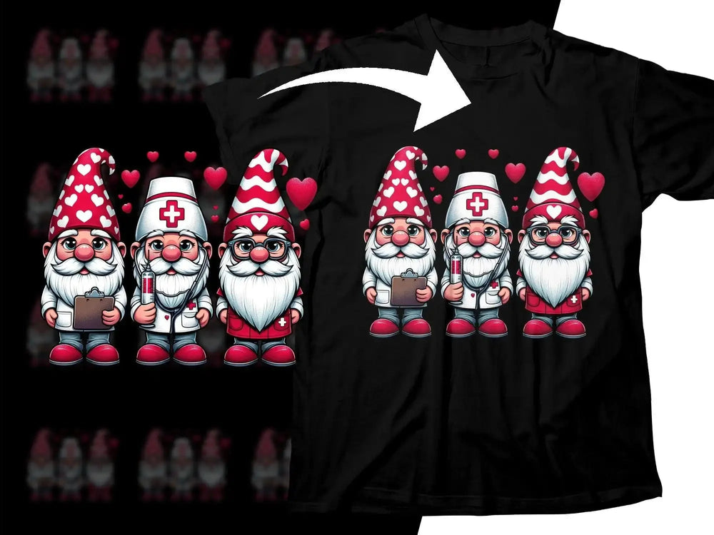 Cute medical gnomes with hearts on black t-shirt, print-ready design for DTF/DTG