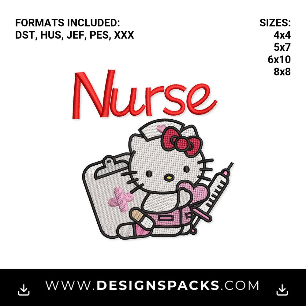 Cute Nurse Kitty Medical File Embroidery Design - Instant digital download pattern at Designspacks.com